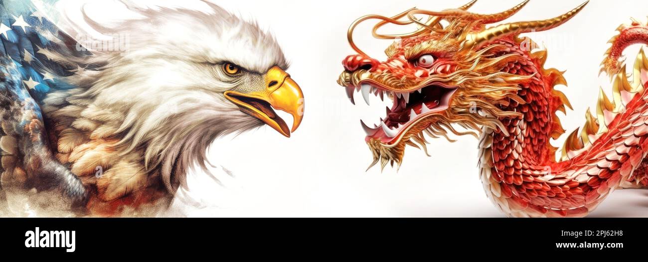 American eagle and Chinese dragon with corresponding country flags. Concept for economic trade. Stock Photo