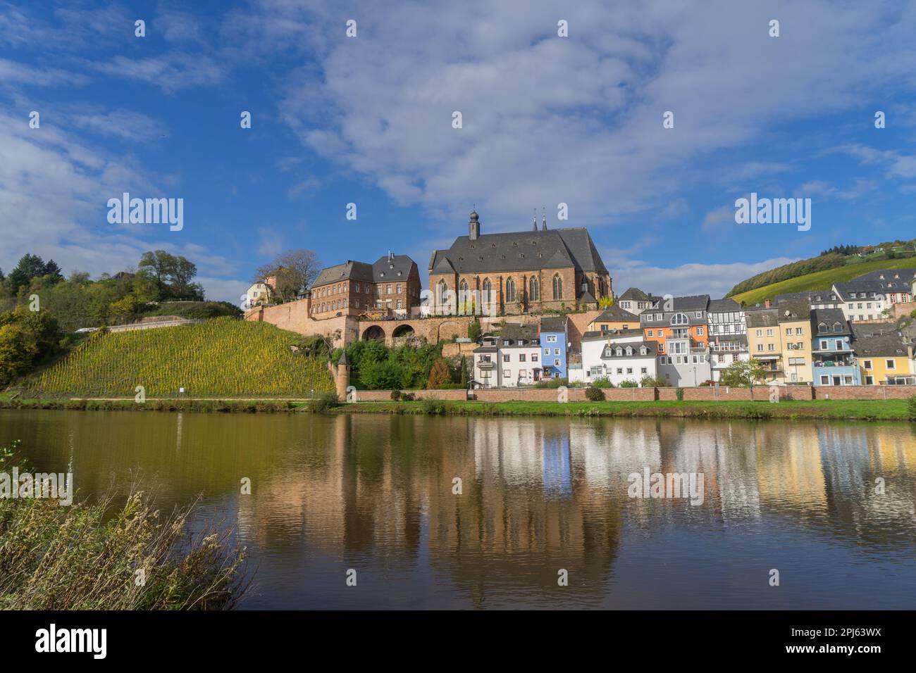 View to the german city called Saarburg with church St. Laurentius ...