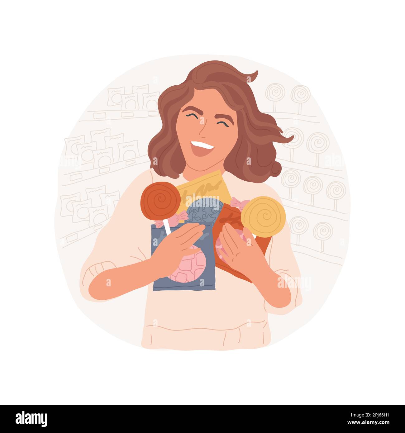 Buying sweets isolated cartoon vector illustration. Teenager shopping time, smiling girl making purchase in supermarket, beautiful teenager buying sweets in food shop vector cartoon. Stock Vector