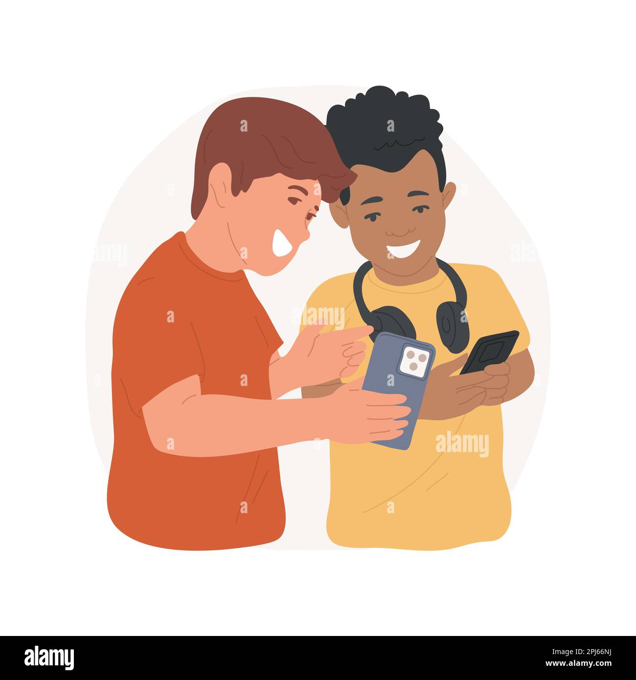 Using gadgets isolated cartoon vector illustration. Happy teen holding smartphone, boys spenting time at home together, using gadgets, leisure time and socialization vector cartoon. Stock Vector