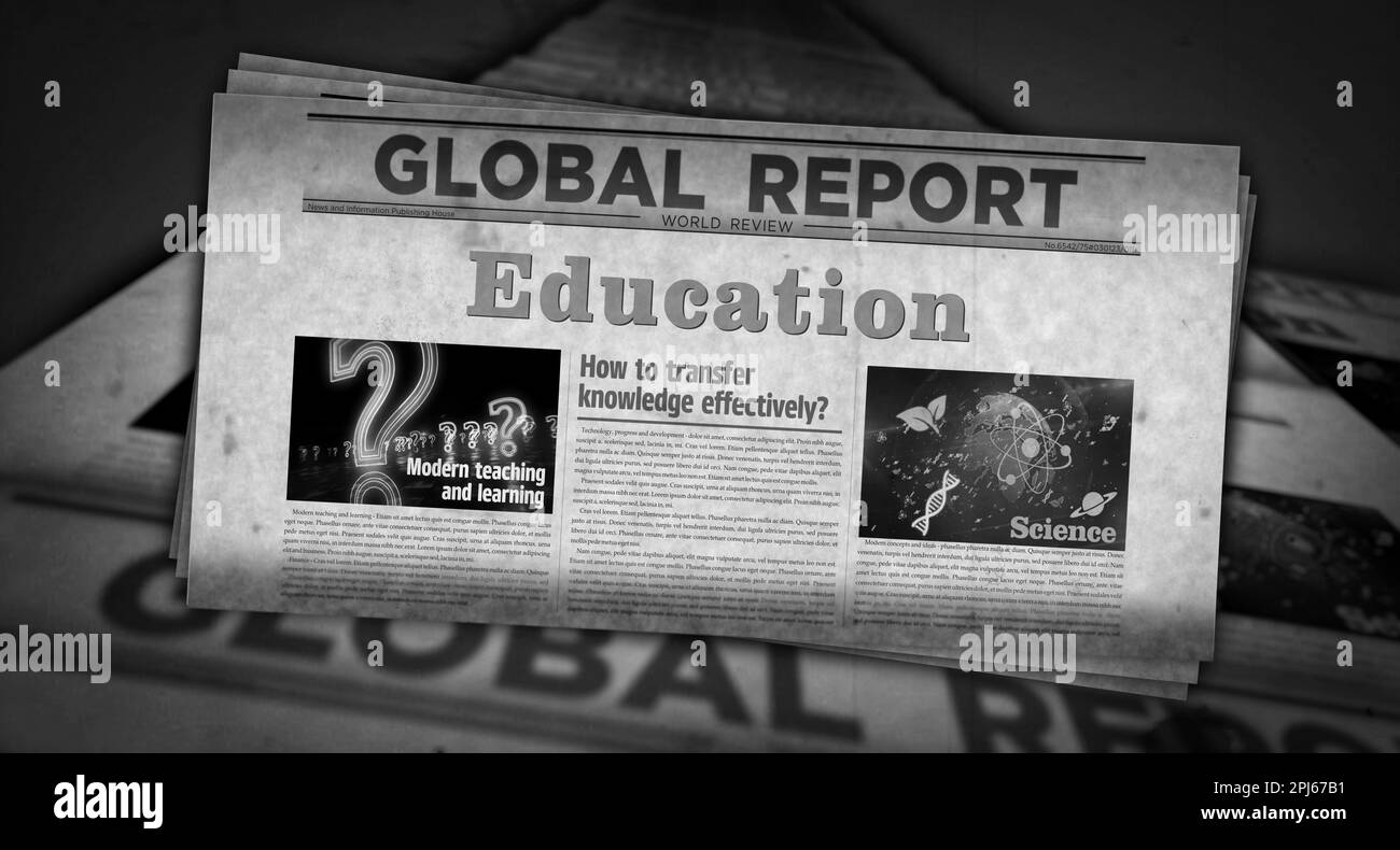 Education knowledge school teach and learn vintage news and newspaper printing. Abstract concept retro headlines 3d illustration. Stock Photo