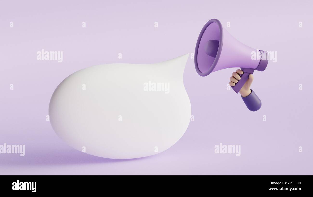 Cartoon hand holding megaphone with speech bubble. Space for your text ...