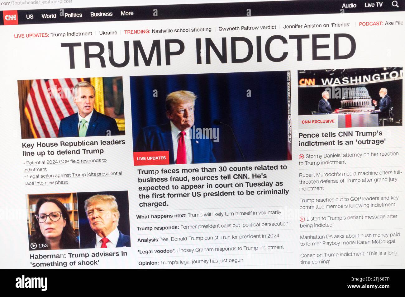 'Trump Indicted' headline on The CNN website with breaking news of the indictment of Fm President Donald Trump, 31st March 2023. Stock Photo