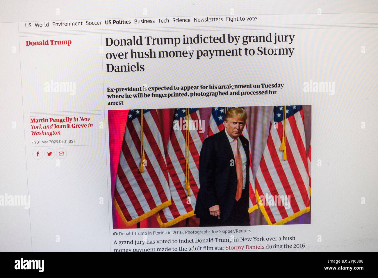 Headline on The Guardian newspaper website with breaking news of the indictment of Fm President Donald Trump, 31st March 2023. Stock Photo