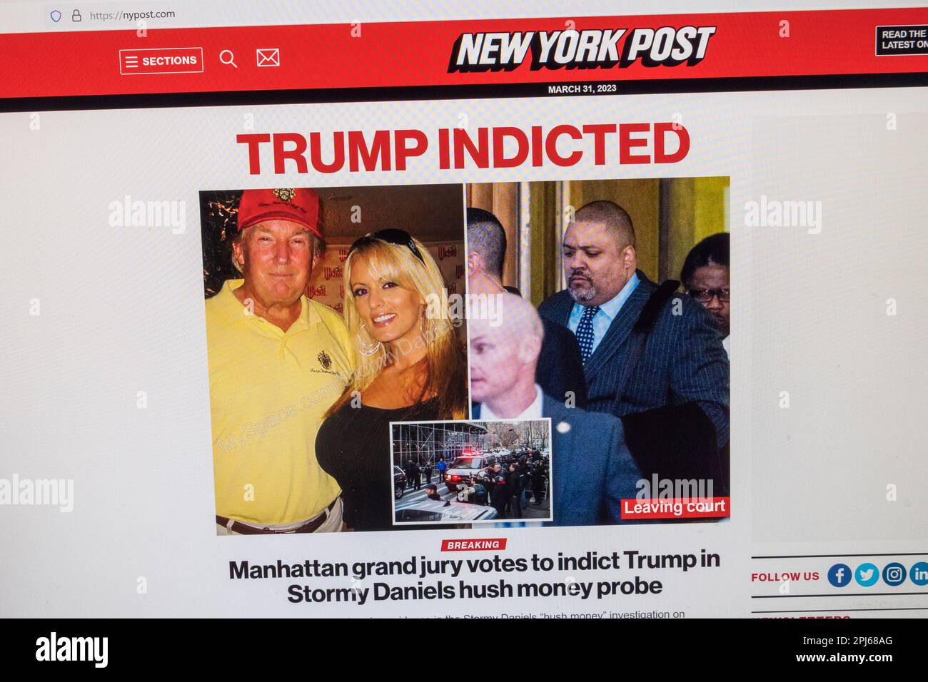 'Trump Indicted' headline on The New York Post website with breaking news of the indictment of Fm President Donald Trump, 31st March 2023. Stock Photo