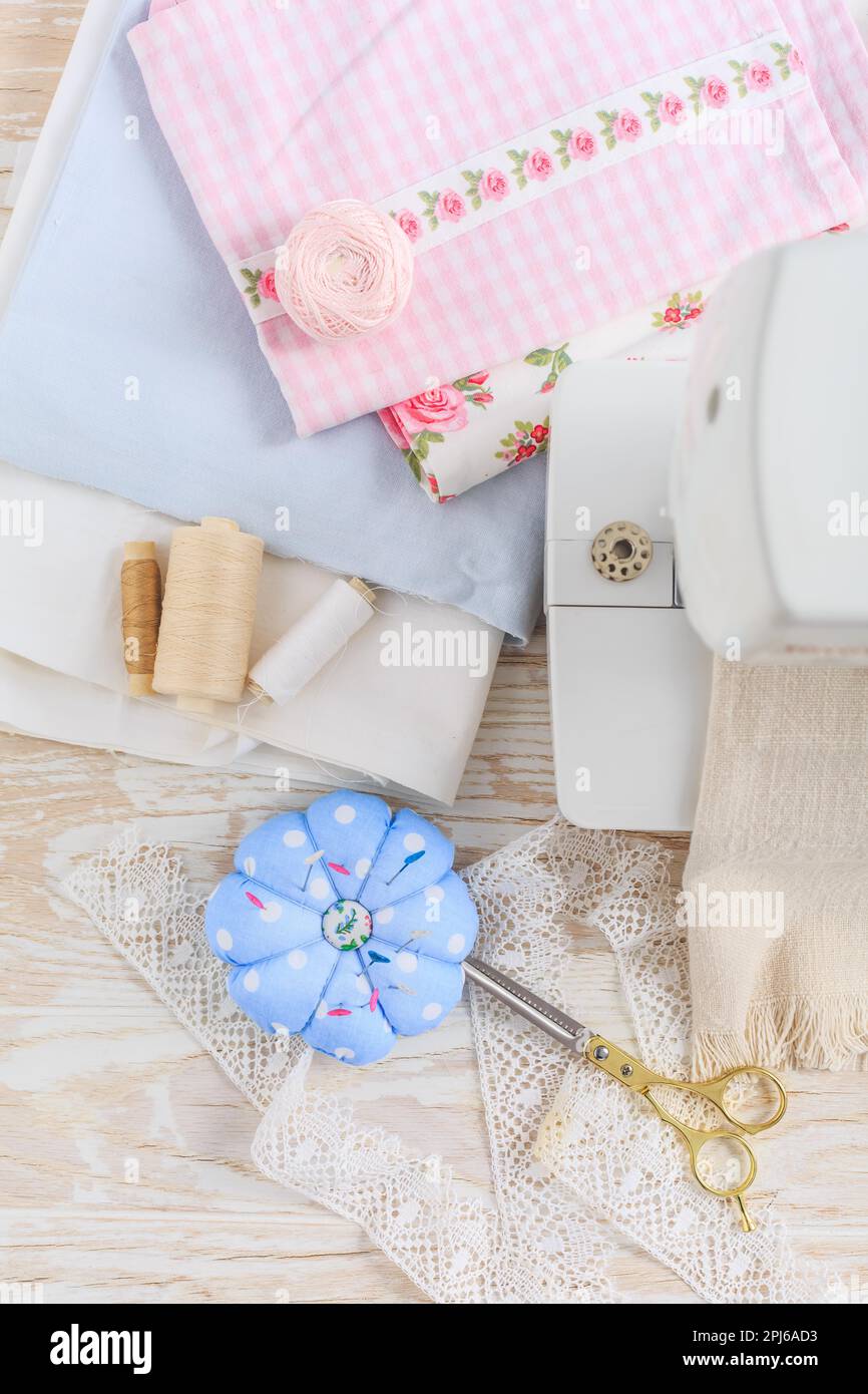 Sewing machine, tools and supplies. Hobby, crafting, creativity, free