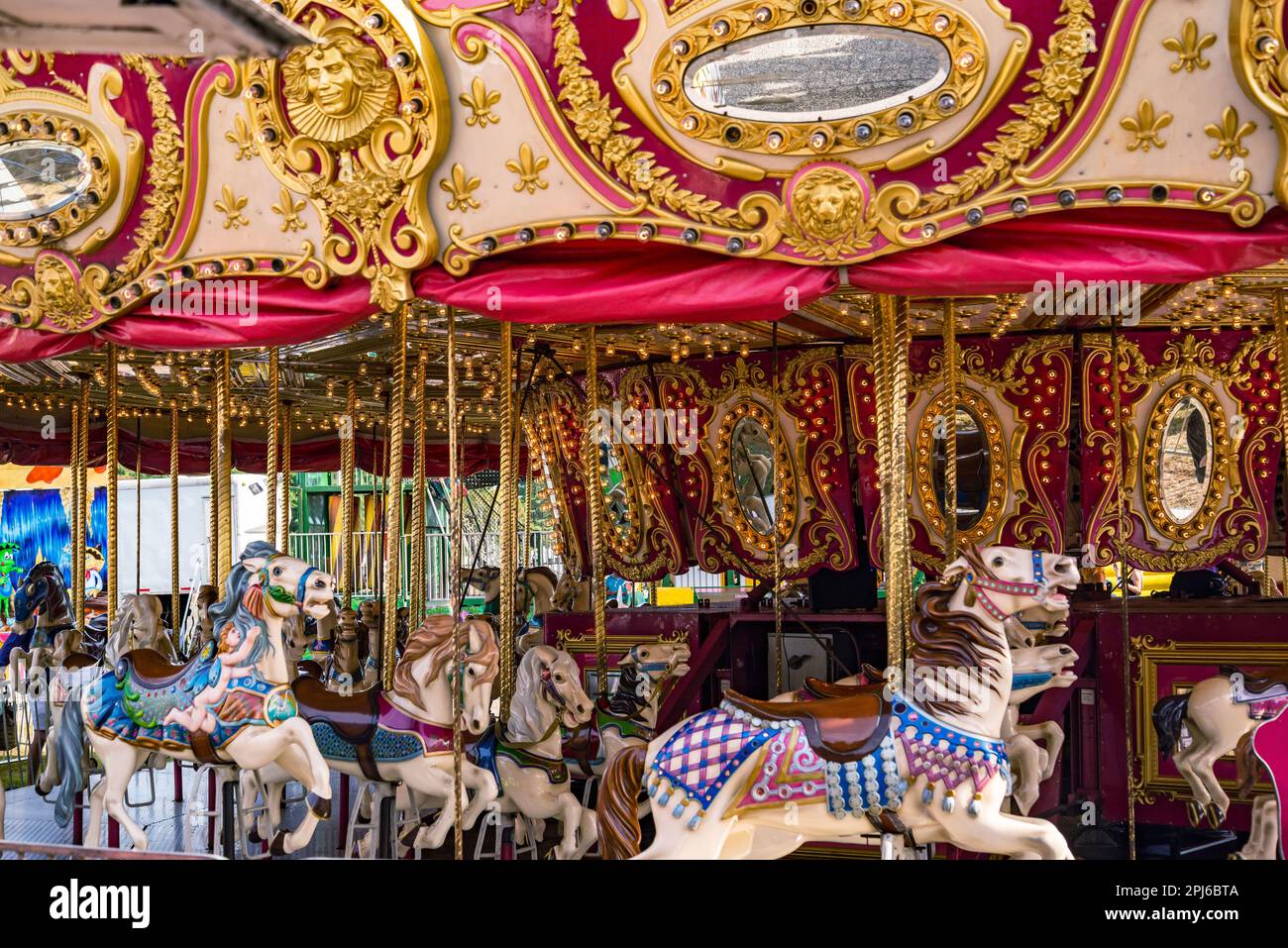 Colourful carousel in the Theme Park in Cumberland Maine, USA Stock Photo