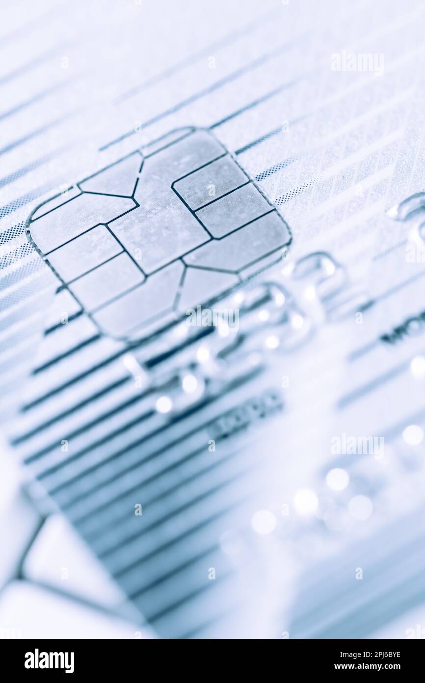 Closeup image of o credit card in silver and blue tone, selective focus Stock Photo