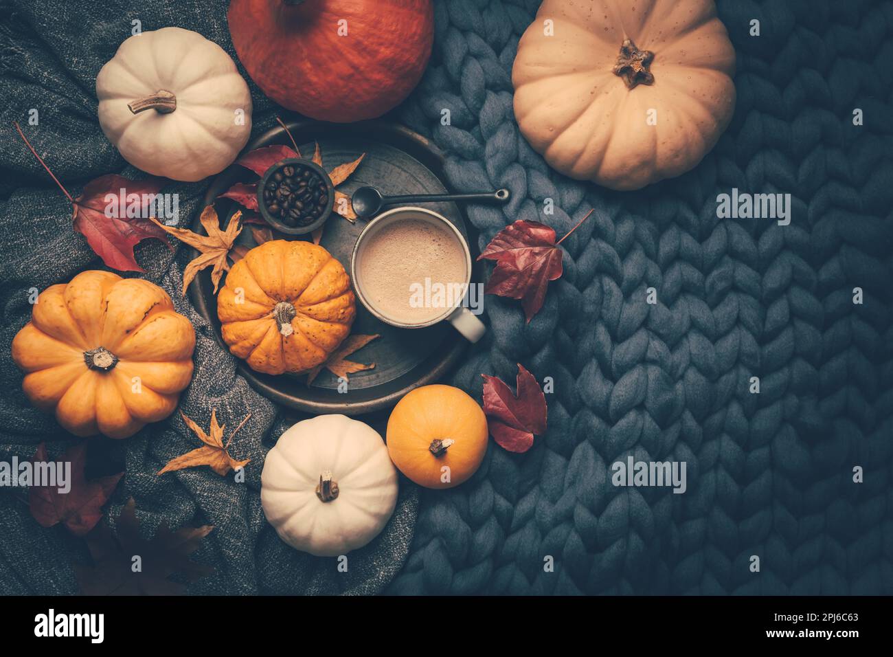 Autumn flatlay with cup of coffee, pumpkins and cuddle blanket on wooden background Stock Photo