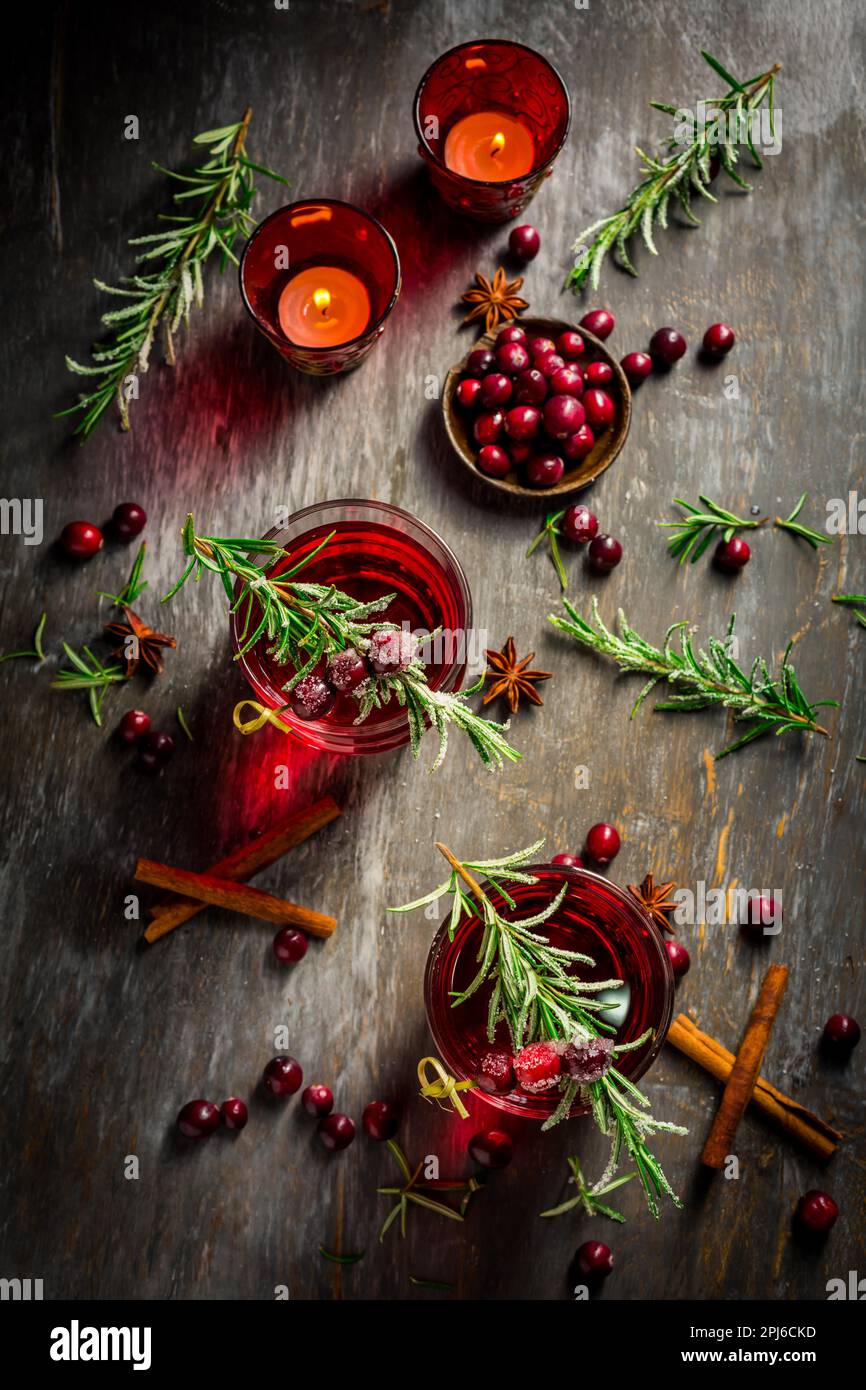 Cranberry mulled wine with rosemary for Christmas and winter time Stock Photo