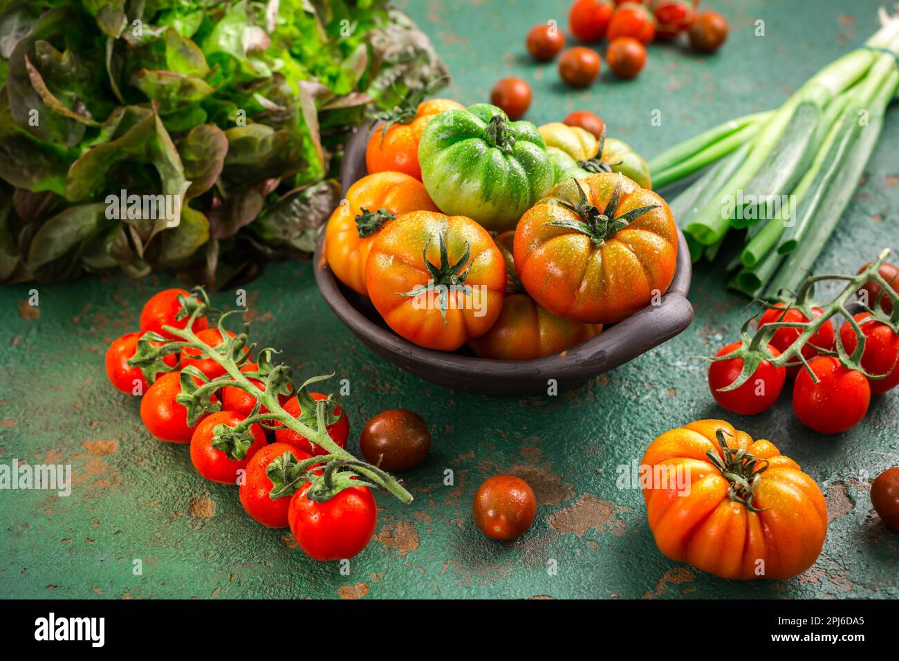 Assortment of tomatoes, lettuce and sprin onions on green background Stock Photo