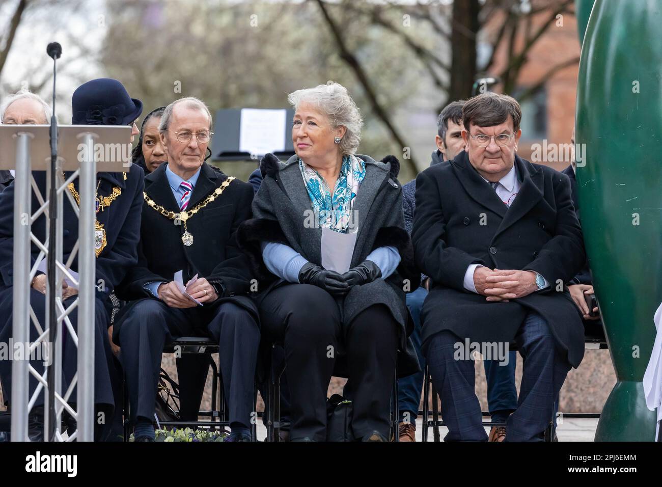 Dame Arabella Warburton listens to Cllr Jean Flaherty, Mayor of Warrington, at the 30th anniversary of the Warrington Bombing Stock Photo