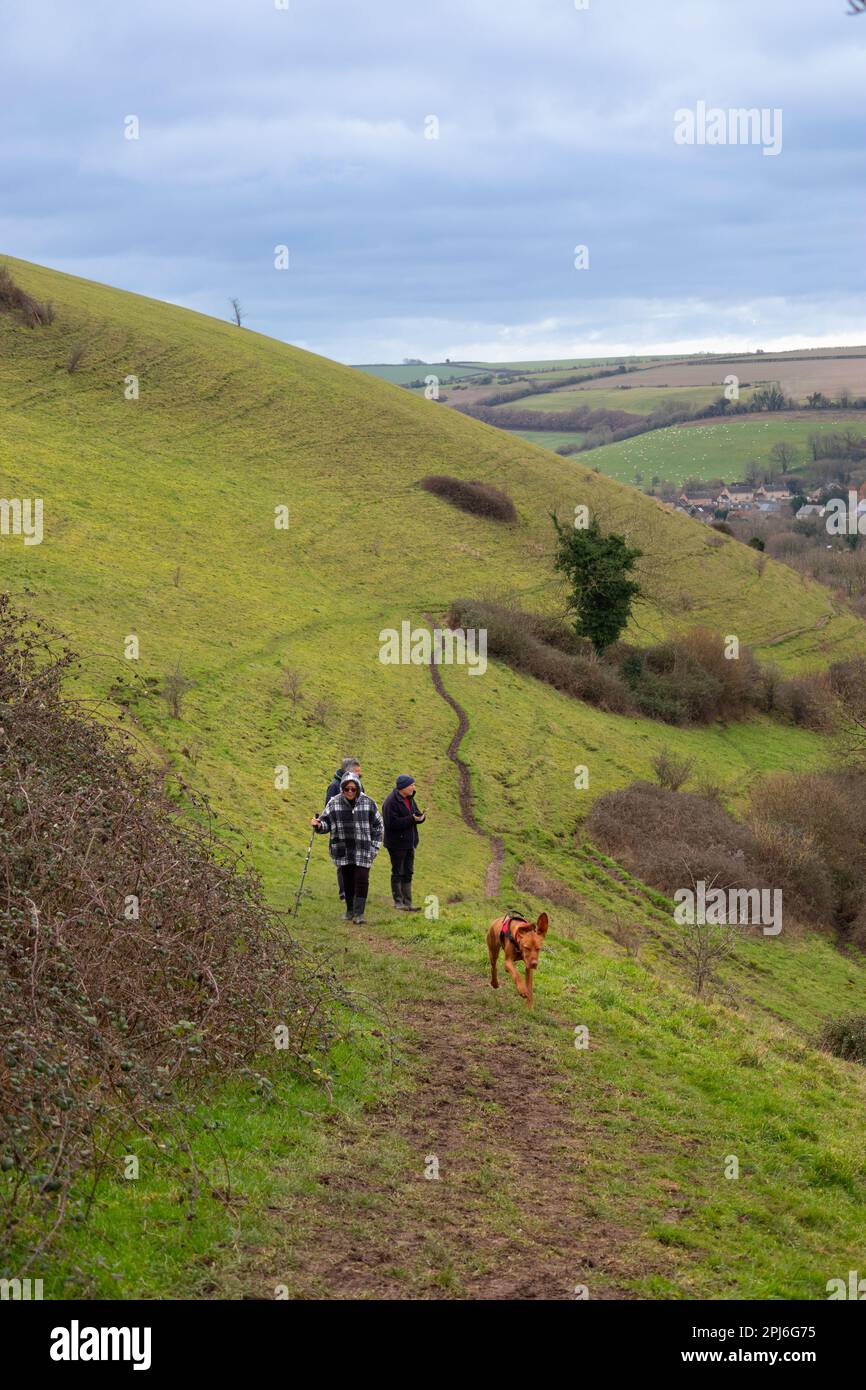 Senior hikers with dog walking along the hill side of the Cerne Abbas Giant in Dorset England Stock Photo