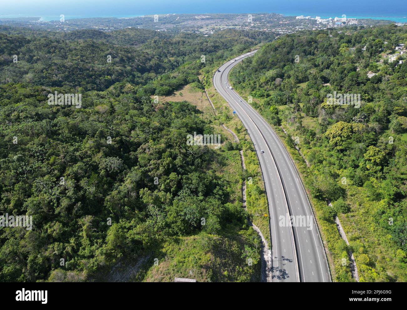 Caribbean Sea view from the North South High Way Kingston to Ocho Rios St Ann Jamaica Highway Road West Indies Caribbean Stock Photo