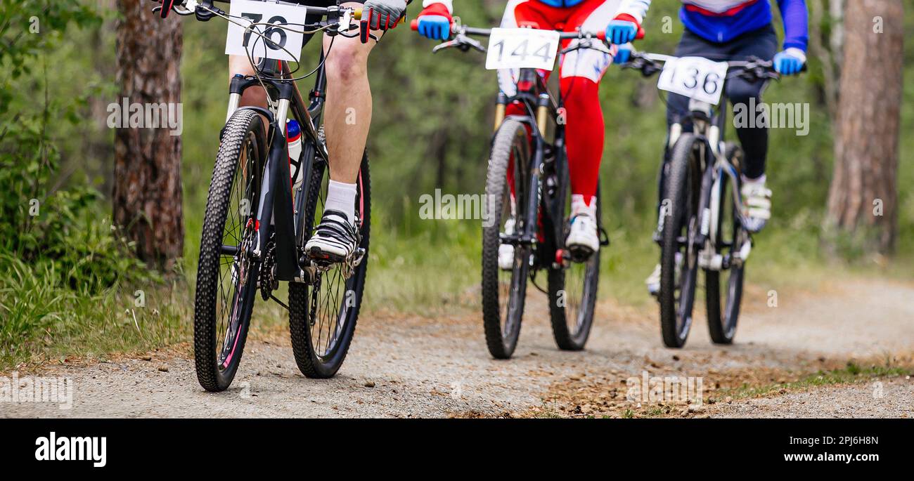 group athletes cyclists riding cross-country cycling, forest trail, mountain bike competition race, three men on sports bikes Stock Photo