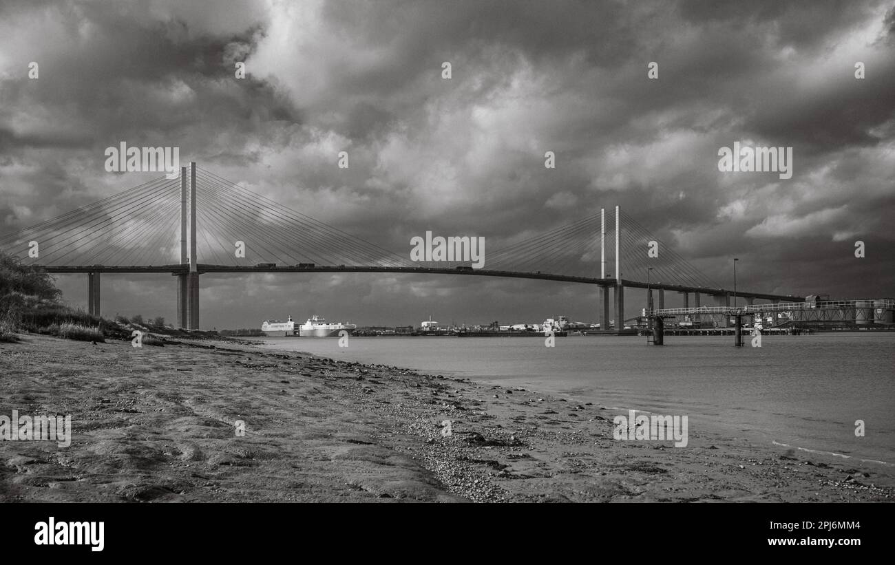 A view looking westwards on the River Thames towards the Dartford ...