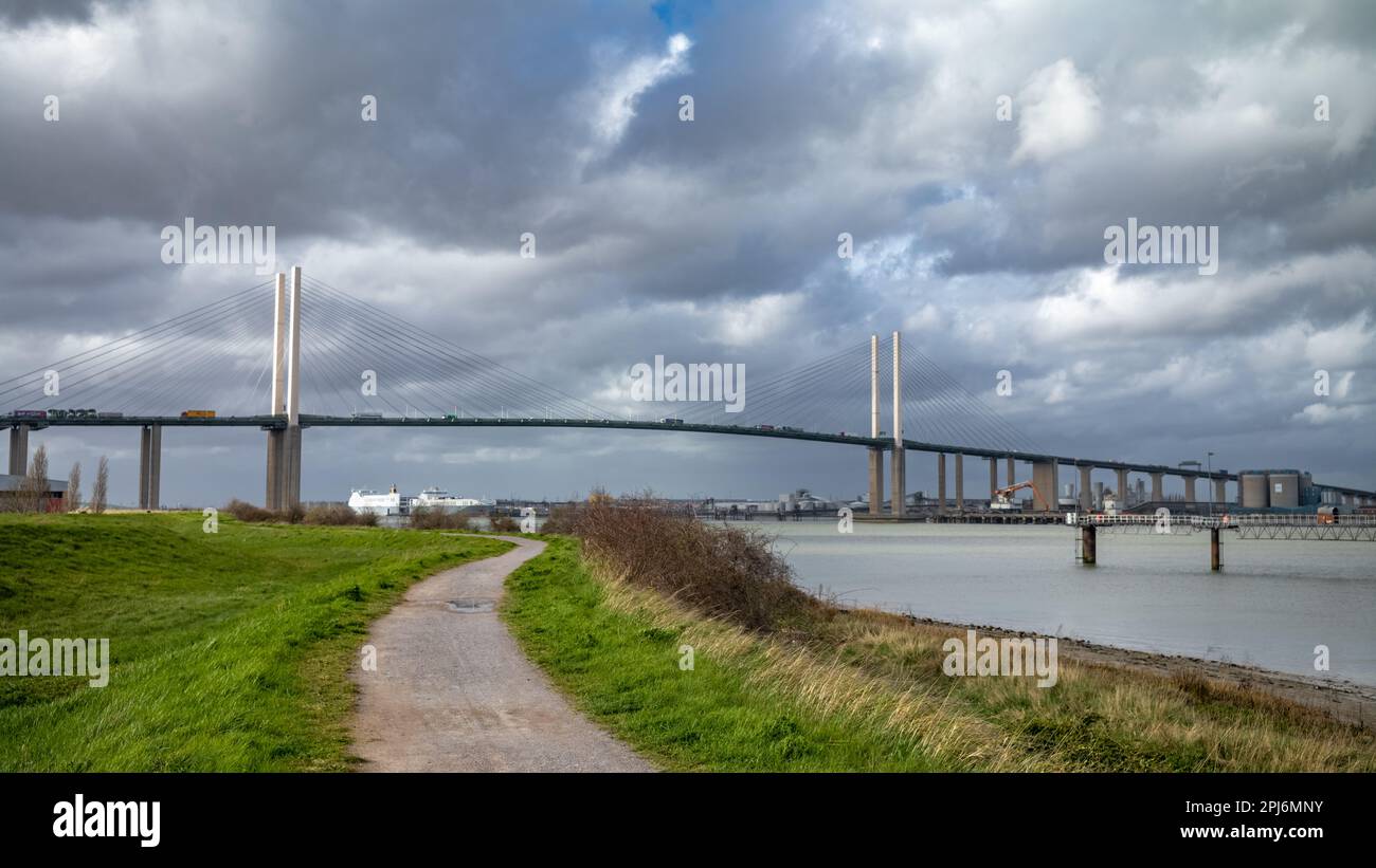 A view looking westwards on the River Thames towards the Dartford Crossing, or QE2 Bridge, near London, UK. Stock Photo