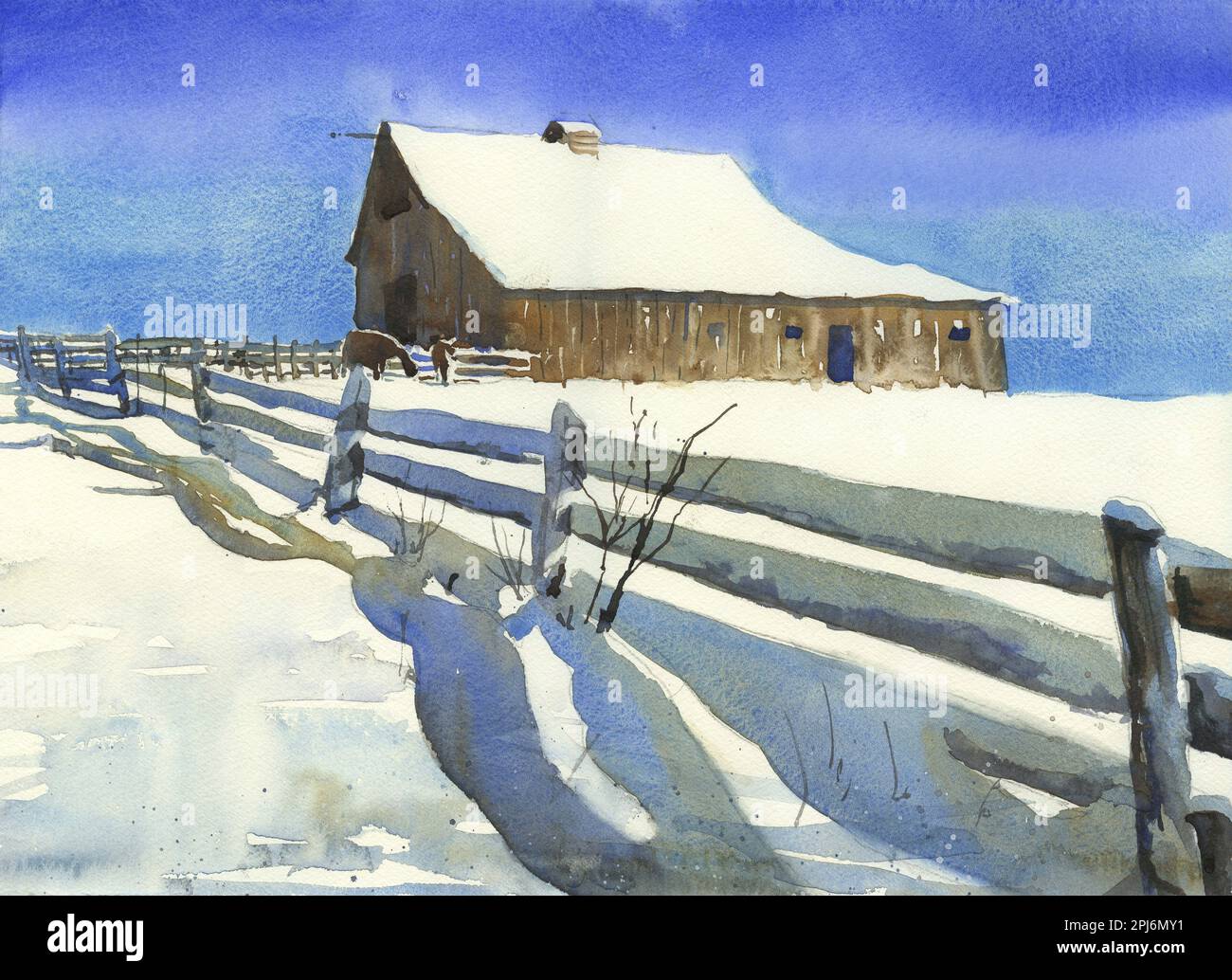 Painting of barn covered by snow, fine art watercolor landscape ...