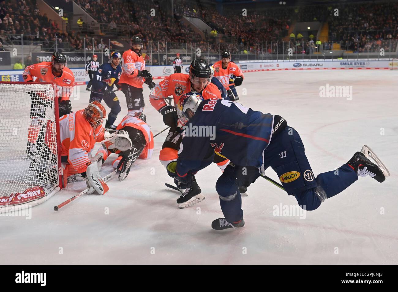 Munich, Germany. 31st Mar, 2023. Ice hockey: DEL, EHC Red Bull München -  Grizzlys Wolfsburg, championship round, semifinal, 1st game day,  Olympia-Eissportzentrum: Munich's Andreas Eder celebrates his goal to make  it 4:1.