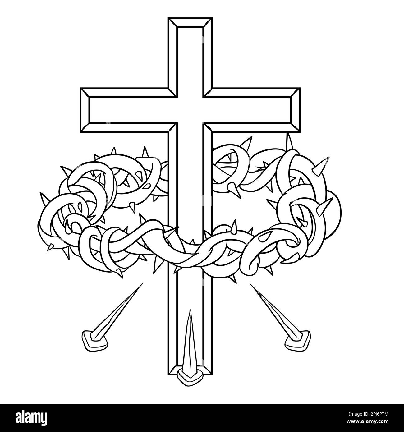 Group of Easter religious elements with cross, crown of thorns and nails in outlines for coloring activities. Stock Vector