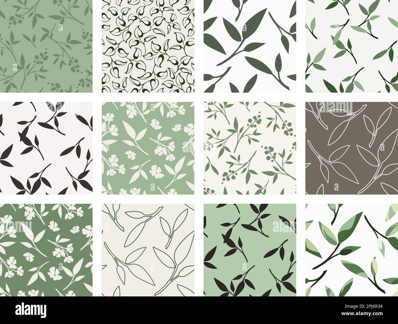 Seamless floral patterns with flowers and leaves. Set of seamless floral backgrounds in natural green, beige, and white colors. Vector seamless prints Stock Vector