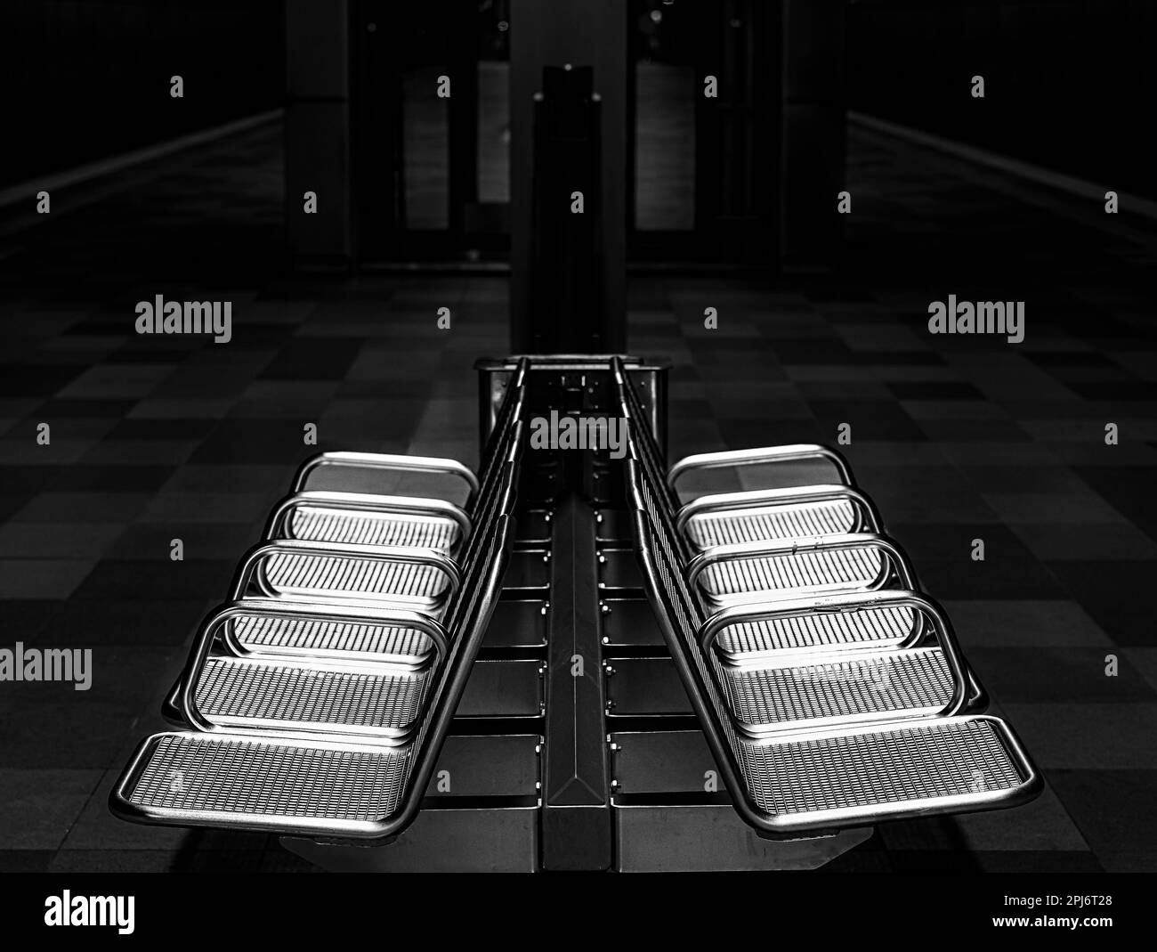 Black And White Photography, Chrome Seats On Platform Überseequartier, Hamburg, Germany Stock Photo