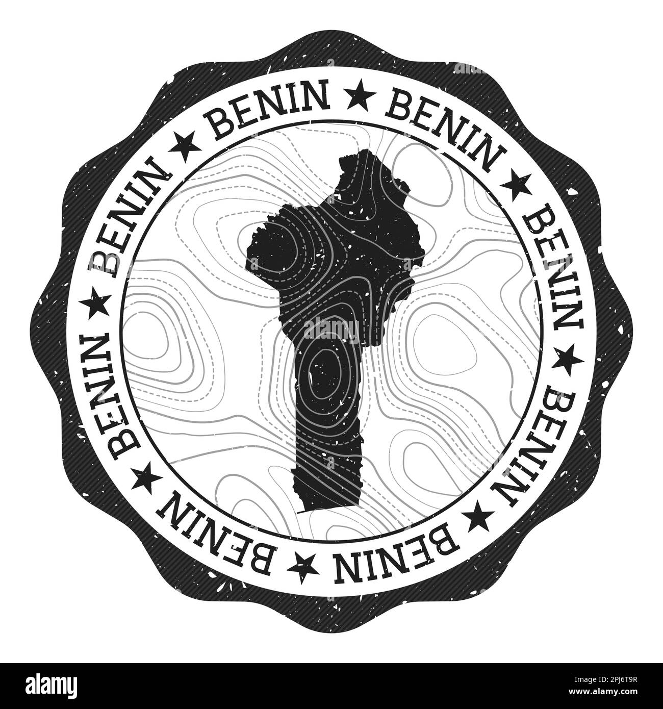 Benin outdoor stamp. Round sticker with map of country with topographic isolines. Vector illustration. Stock Vector