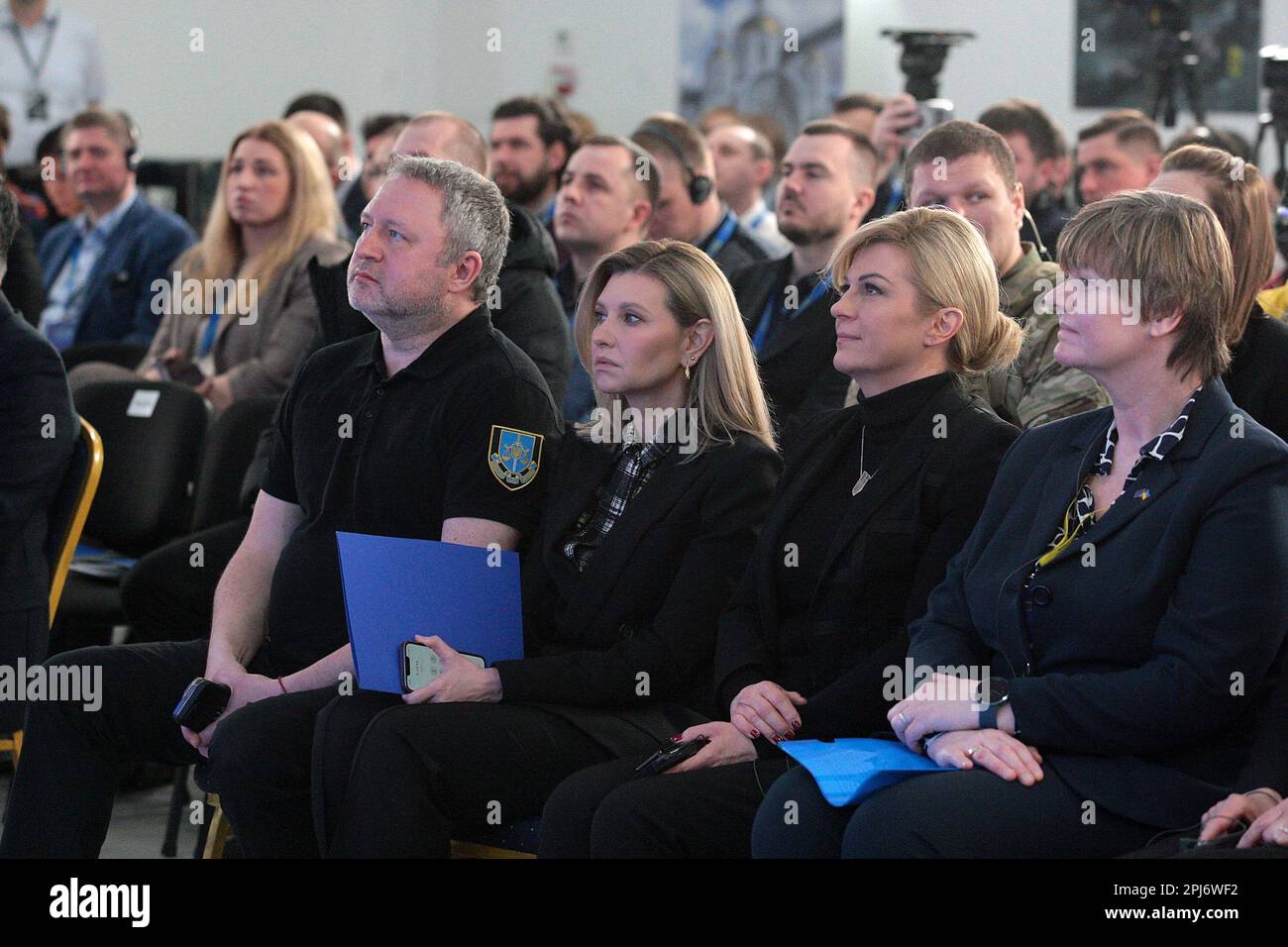 BUCHA, UKRAINE - MARCH 31, 2023 - Prosecutor General of Ukraine Andriy Kostin, spouse of the President of Ukraine Olena Zelenska, Fourth President of Stock Photo
