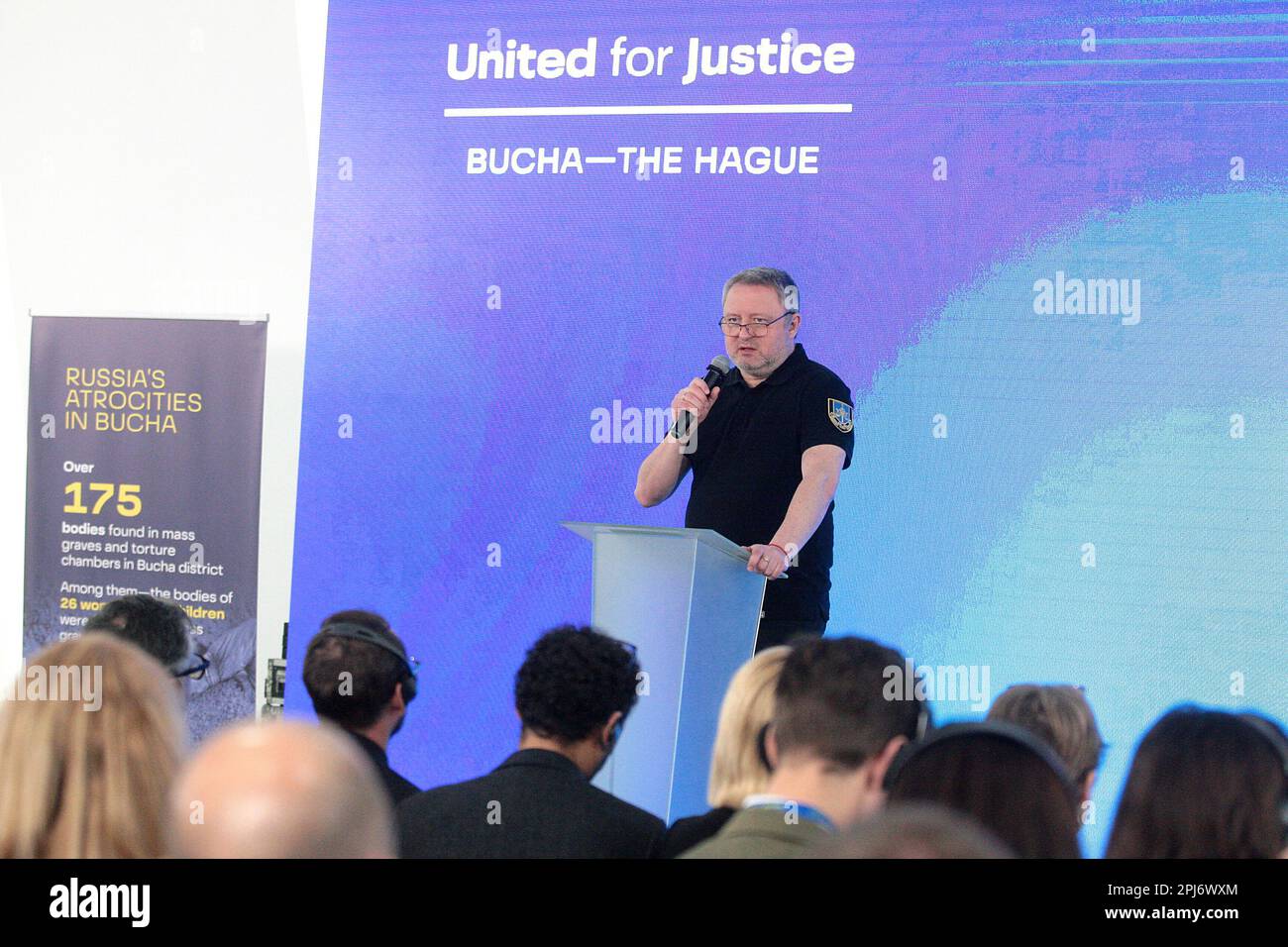 BUCHA, UKRAINE - MARCH 31, 2023 - Prosecutor General of Ukraine Andriy Kostin attends the United for Justice: Bucha - The Hague International Conferen Stock Photo