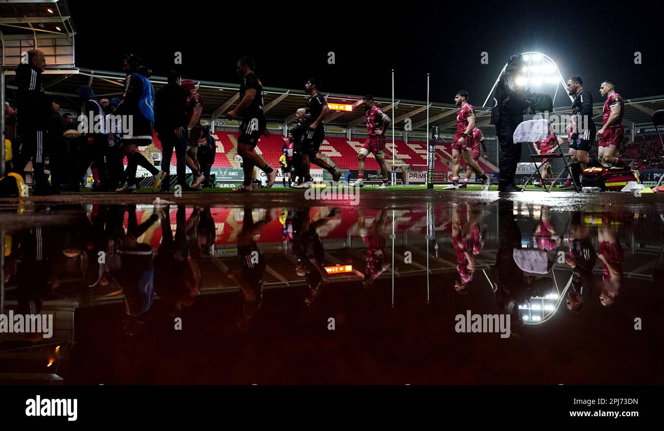 Players walk off at half time during the EPCR Challenge Cup round of sixteen match at the Parc y