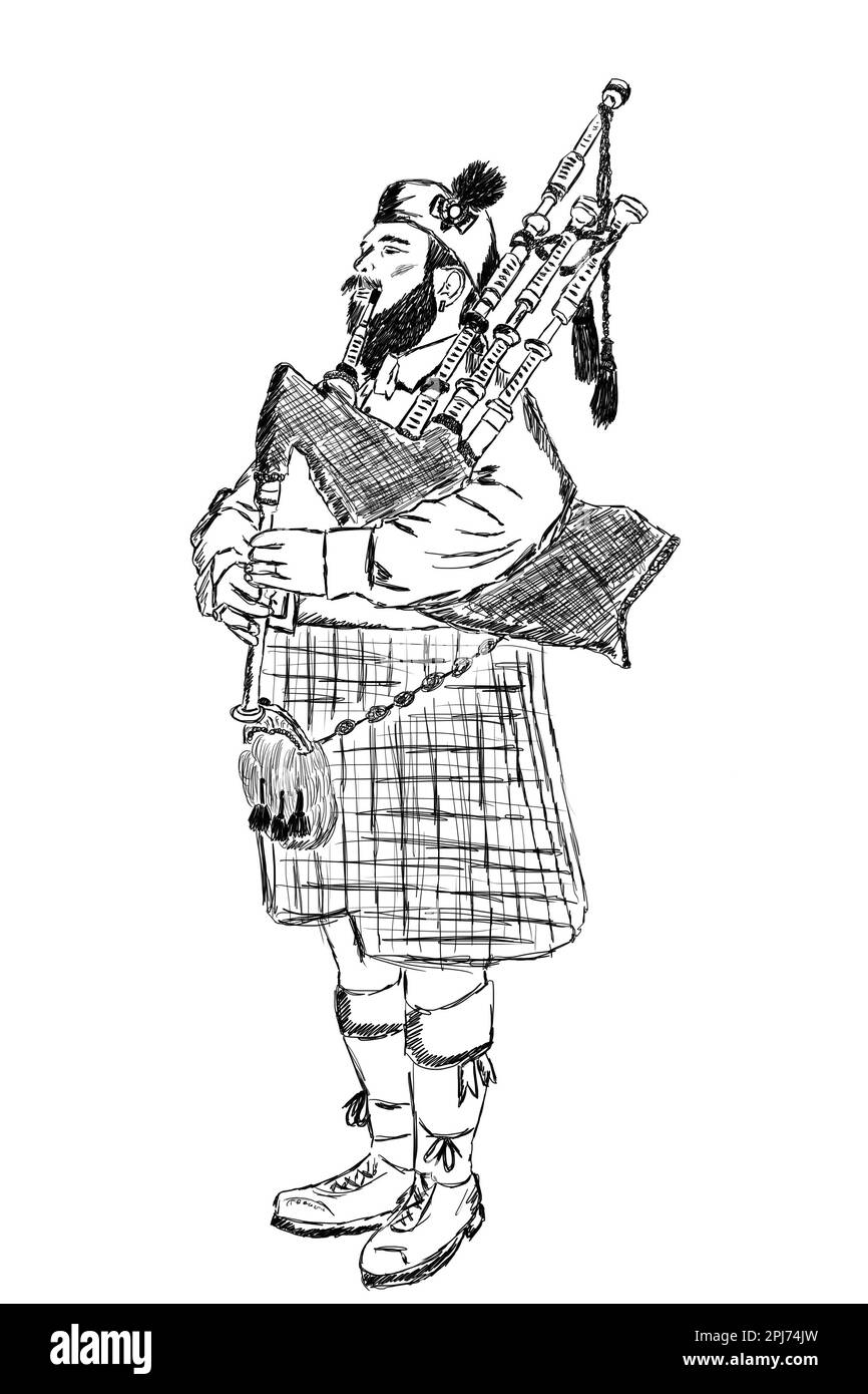 Strichzeichnung schottischer Dudelsackspieler, Piper im Schottenrock ...