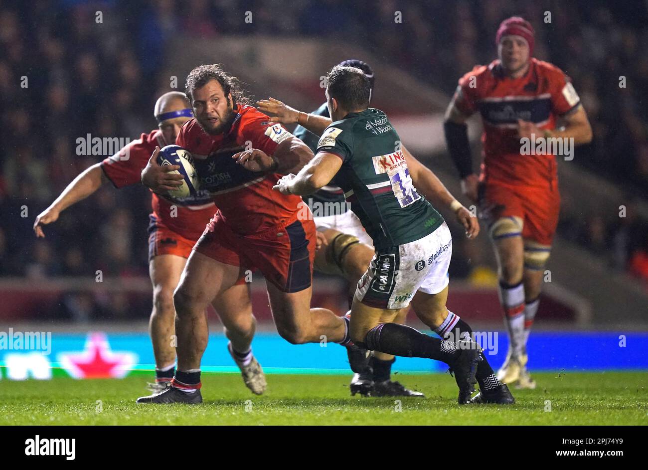 Edinburgh's Pierre Schoeman attempts to get past Leicester Tiger's