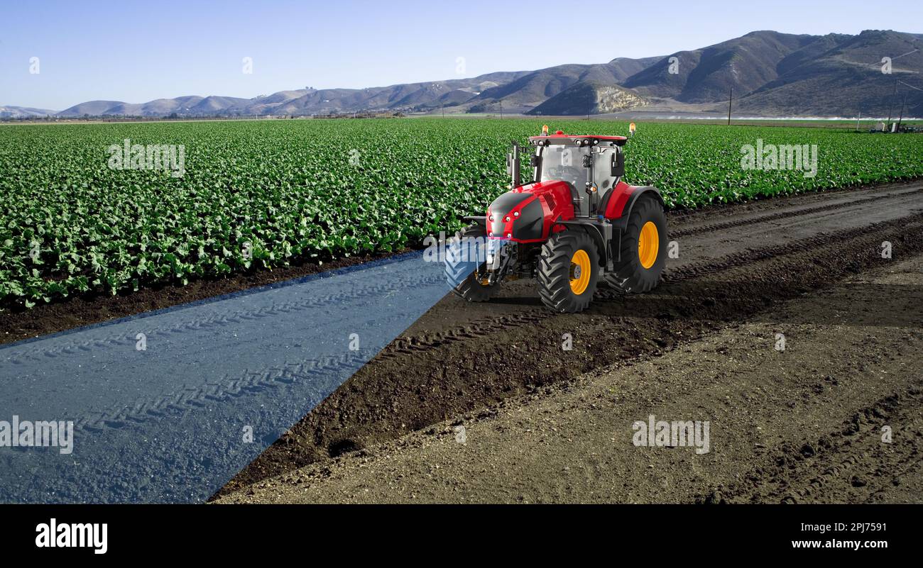 Autonomous tractor working in lettuce field, Future 5G technology with smart agriculture farming concept, 3drender Stock Photo
