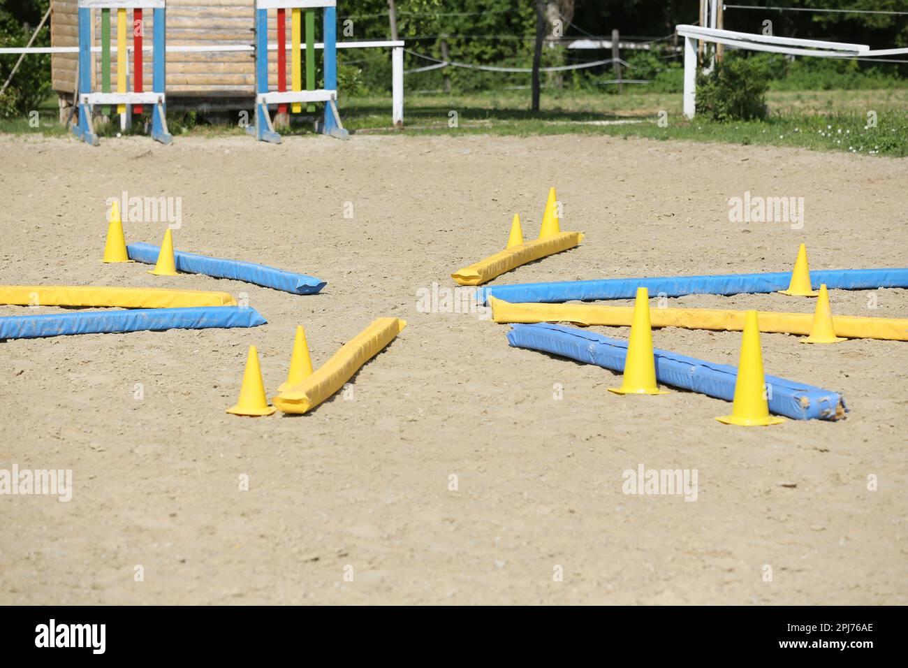 Show jumping poles obstacles, barriers, waiting for riders on show