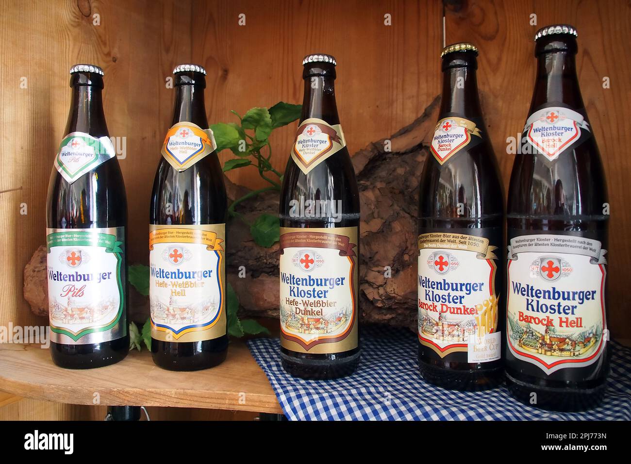 bottled beers, Weltenburger Klosterbrauerei, Weltenburg Abbey, Kloster Weltenburg, Germany, Europe Stock Photo
