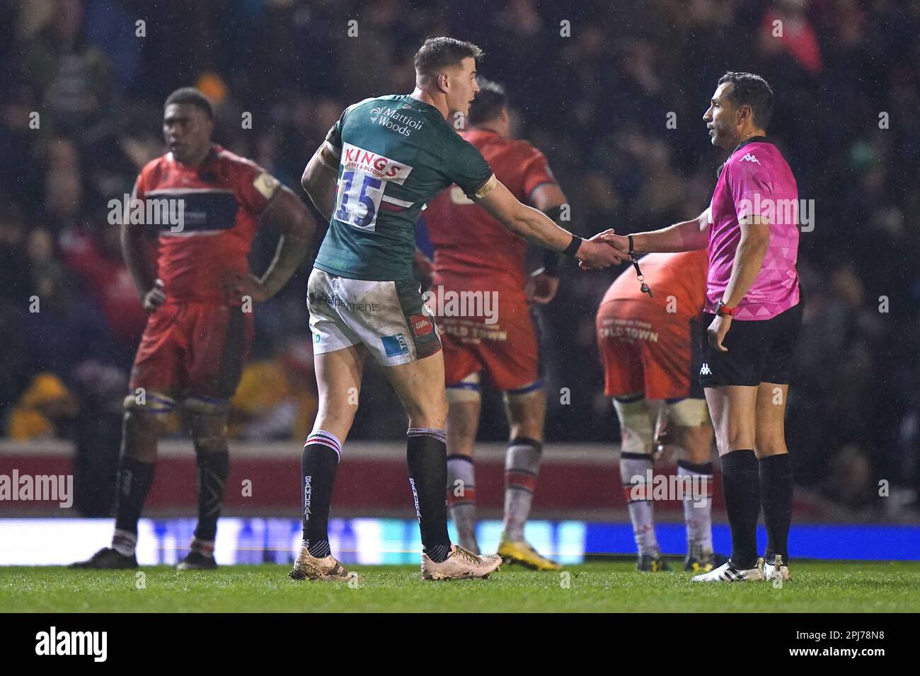 Leicester Tiger's Freddie Steward shakes hands with the referee after