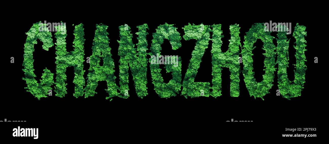 Changzhou lettering, Changzhou Forest Ecology Concept on Black, Clipping Path Stock Photo