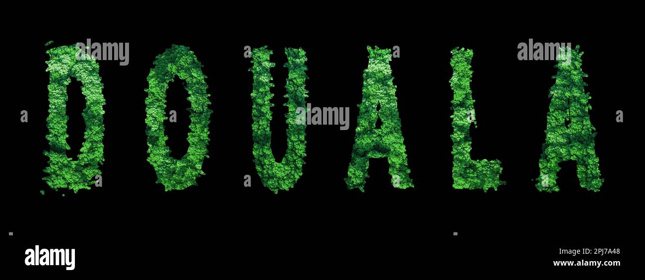 Douala lettering, Douala Forest Ecology Concept on Black, Clipping Path Stock Photo