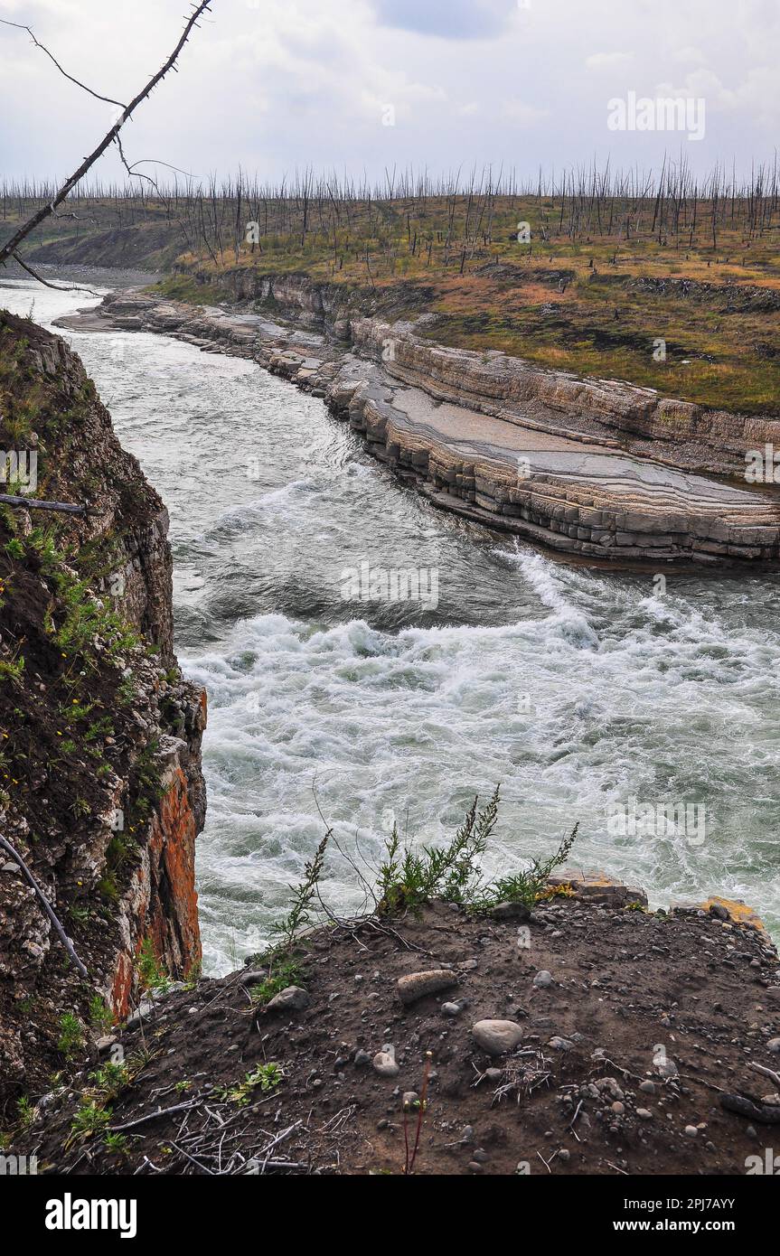 Putorana Plateau, a waterfall on the Grayling Stream. Mountain stream on a  cloudy day Stock Photo - Alamy