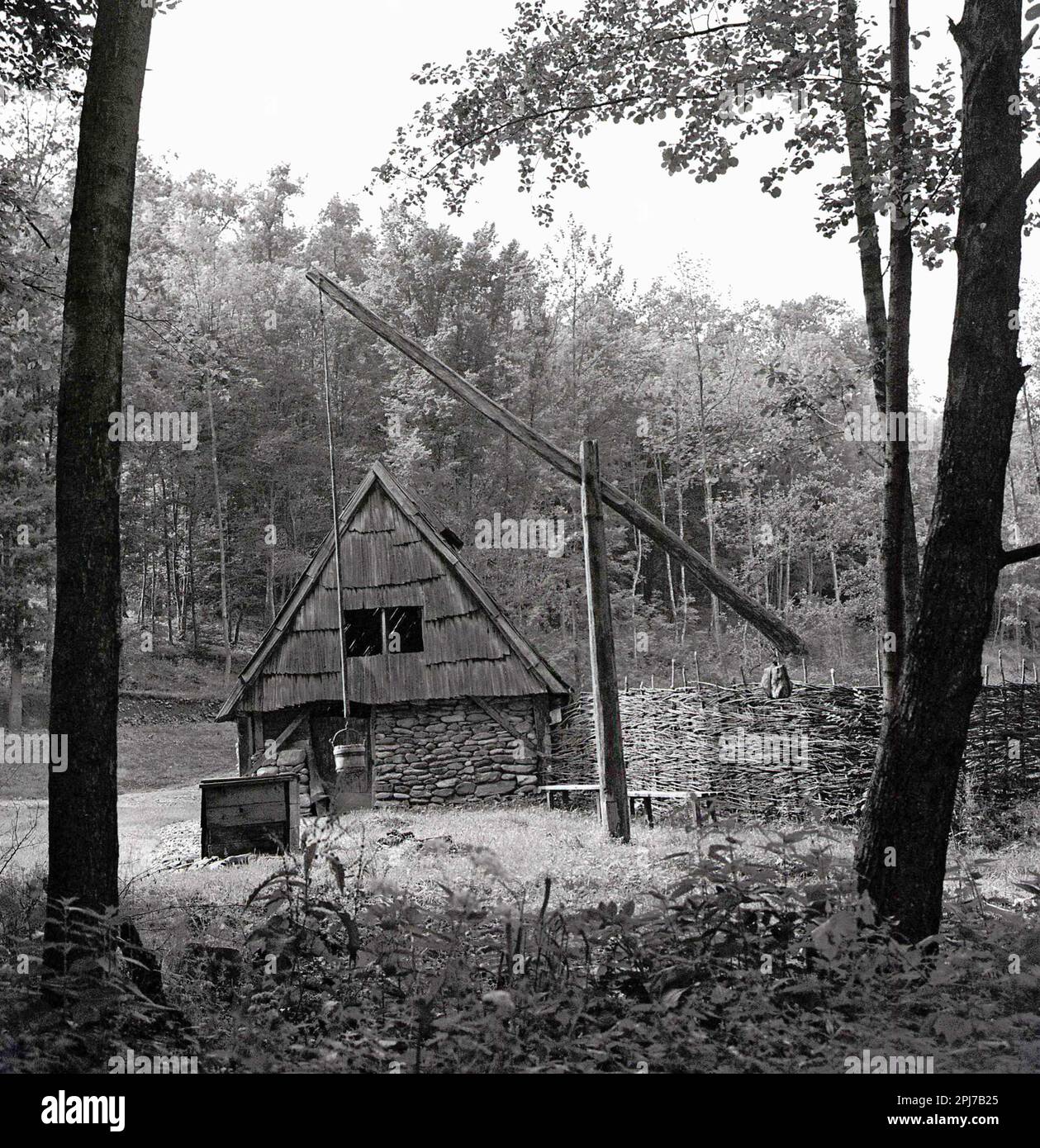 Sibiu County, Romania, approx. 1975. Water well with a shadoof on a rural property. Stock Photo