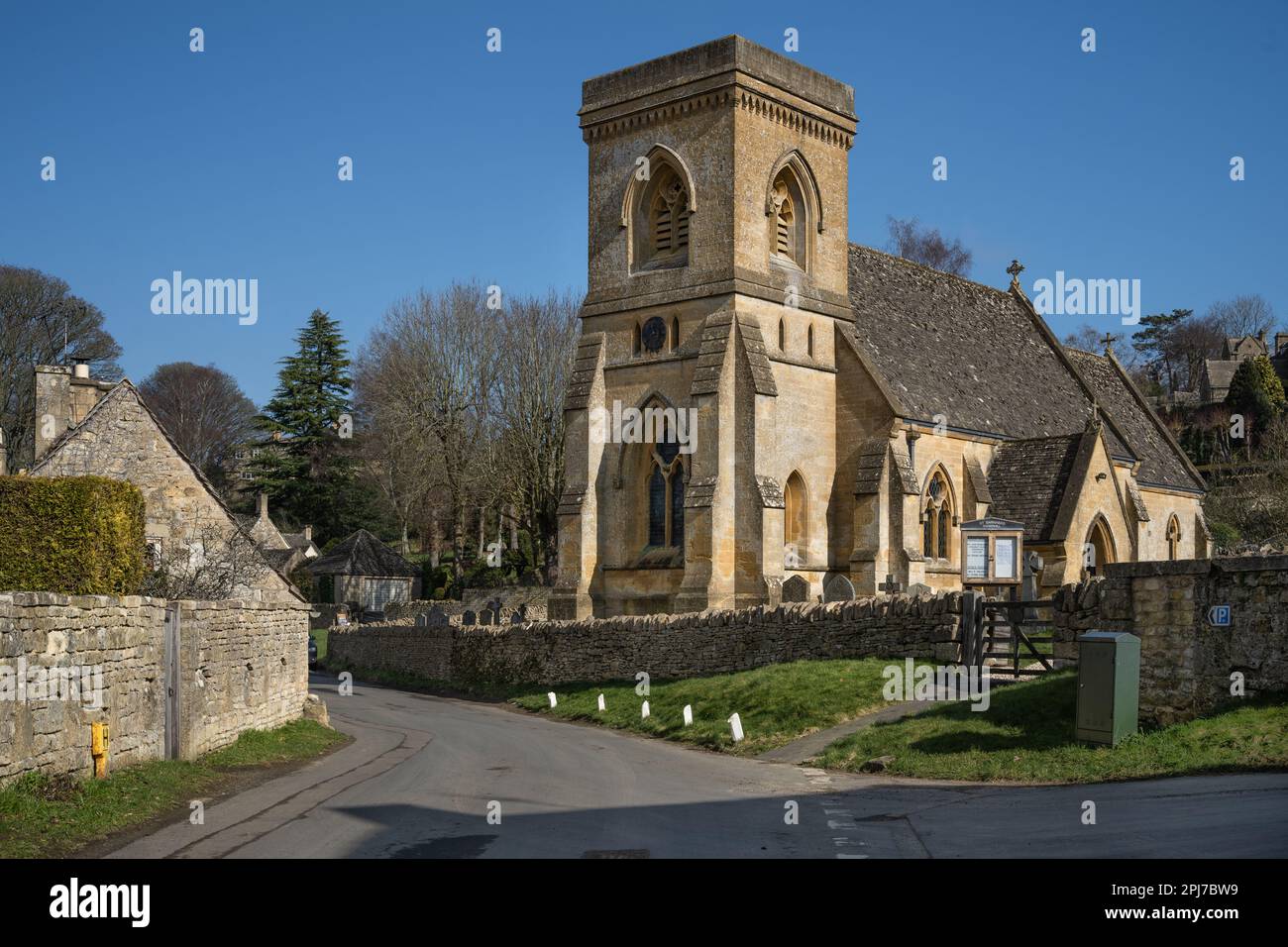 Old stone tower of Saint Barnabas Church in Snowshill village in Cotswolds, England Stock Photo