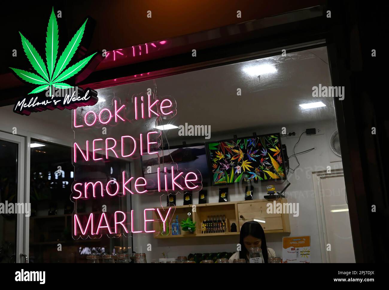 A detail view of the Mellow's Weed marijuana outlet. Bangkok’s infamous