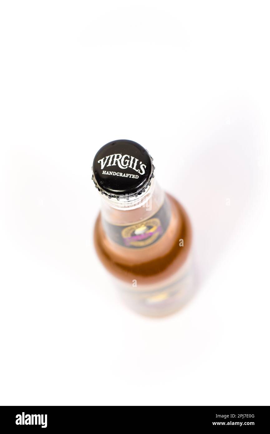 Tallinn, Estonia - March 4, 2023: Close-up of Virgil's glass bottle cork. Flying Cauldron non-alcoholic Butterscotch Beer. Stock Photo
