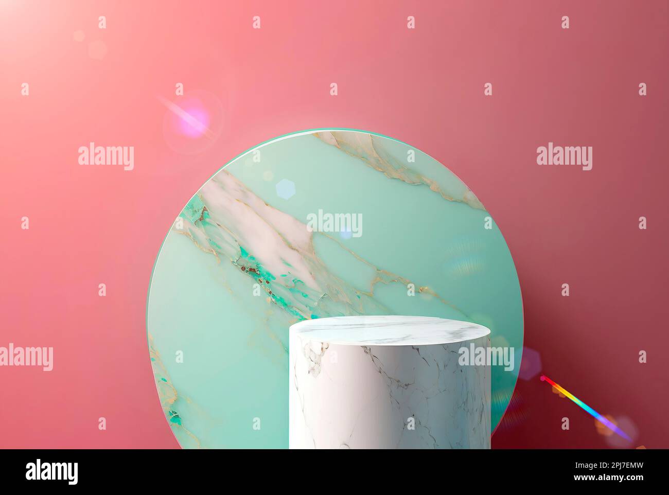 white round marble podium on mint and magenta color background. Scene to show cosmetic podructs. Showcase, display case. Stock Photo