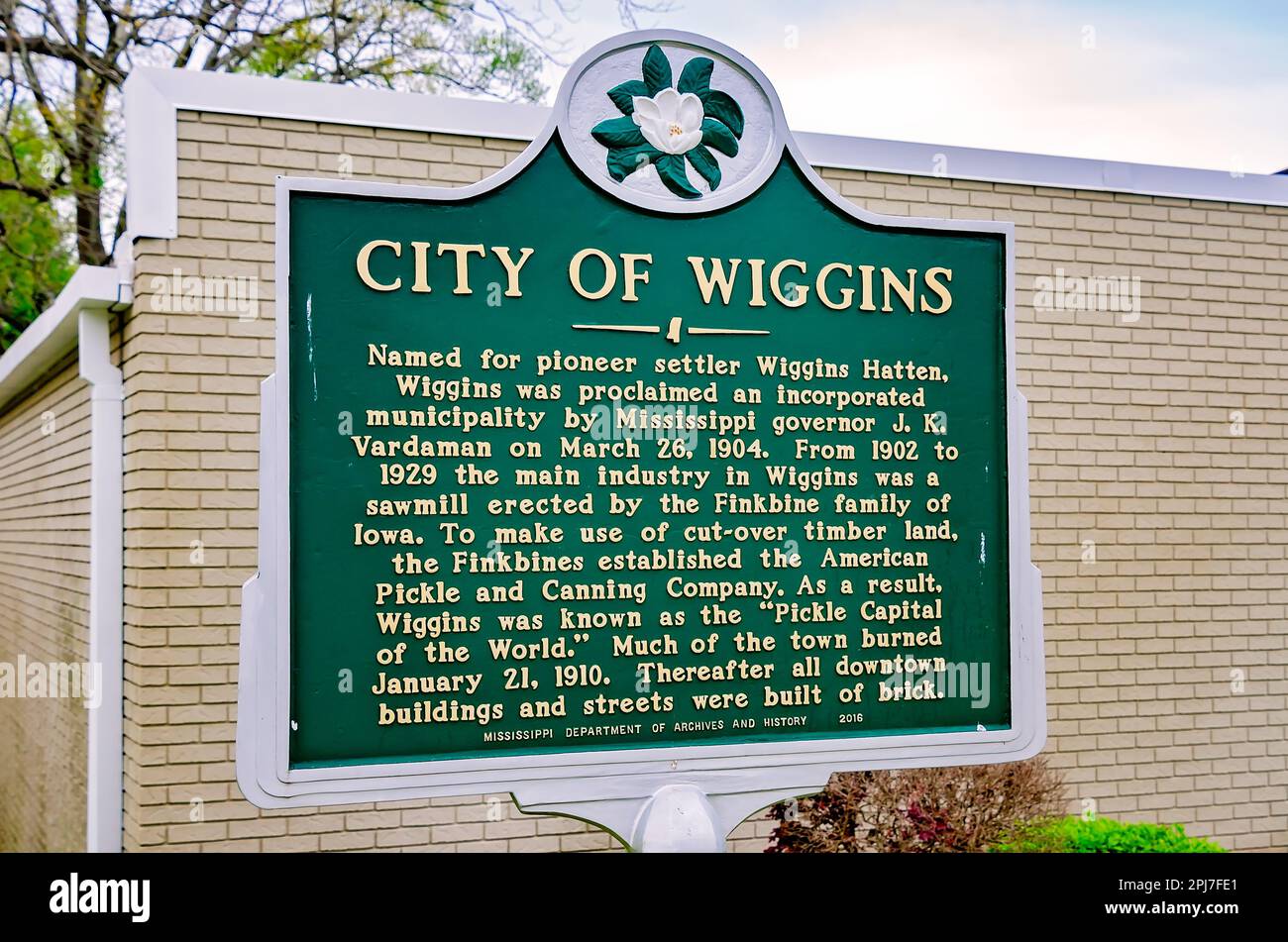 A historic marker stands in front of Wiggins City Hall, March 29, 2023