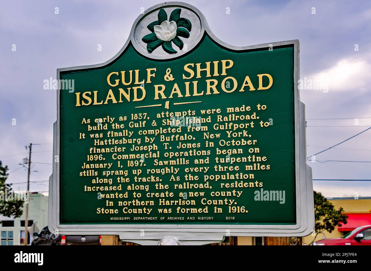 A historic marker tells the history of the Gulf & Ship Island Railroad