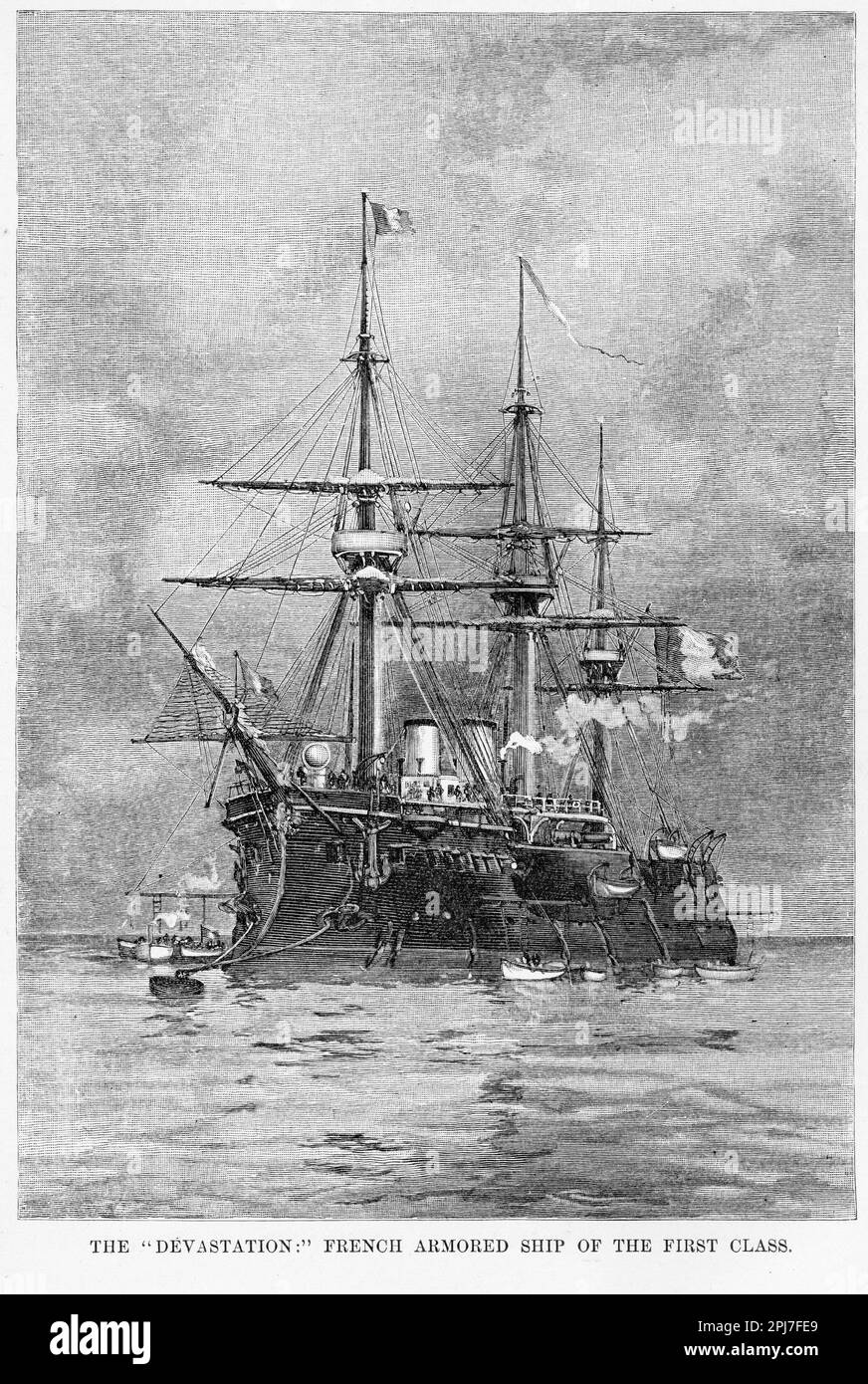The Dévastation was launched in 1879 as an Dévastation-class ironclad battleship of the French Navy of central battery (casemate) design. She was used as a school ship for manoeuvres. Stock Photo