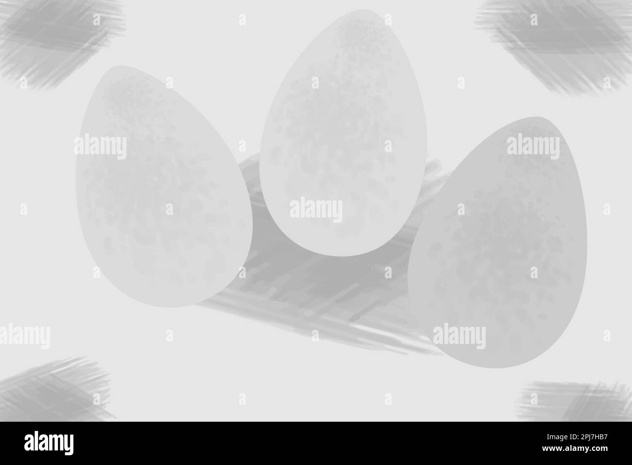 3 Easter Eggs on Abstract background texture with freehand hatching in grayscale. Doodle style. Pen stroke scribble. Hand drawn scrawl sketch texture. Happy Easter. Design for lettering or cards. EPS Stock Vector