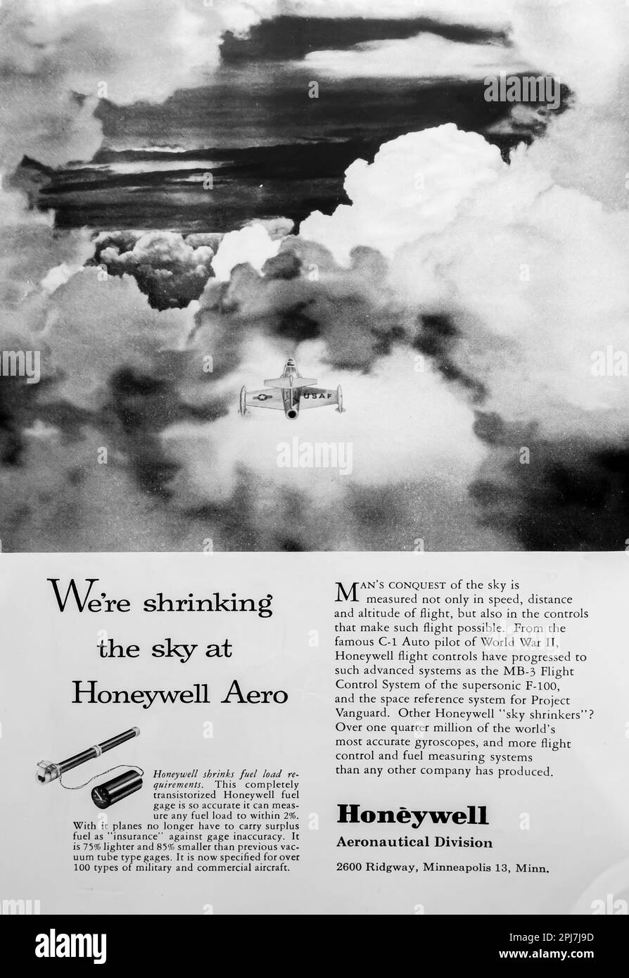 Honeywell Aero aeronautical - transistorized fuel gage - measuring devices advert in a Natgeo magazine, May 1957 Stock Photo