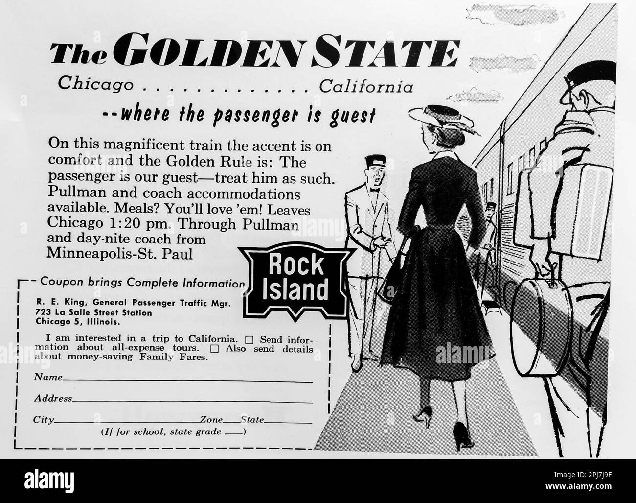 Golden State railway train Chicago to advert in a Natgeo magazine, May 1957 Stock Photo